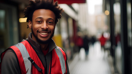 Portrait of a smiling african american man in a red jacket.の素材