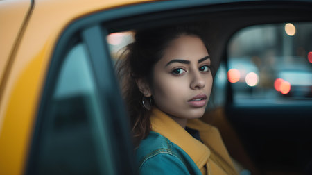 Beautiful young woman in a yellow coat looks out the car windowの素材