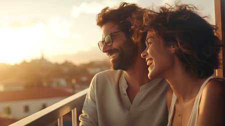Side view of happy young couple smiling while standing on balcony at sunsetの素材