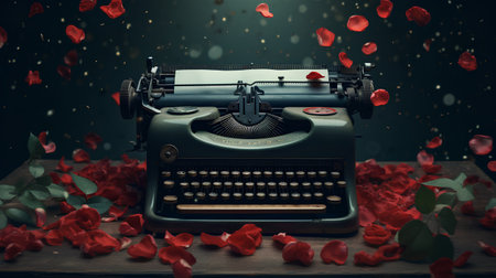Vintage typewriter with red rose petals and falling petalsの素材