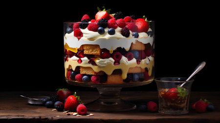 dessert tiramisu with fresh berries in glass on wooden backgroundの素材