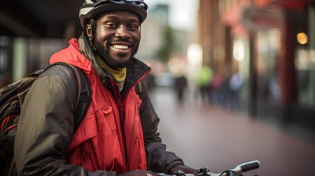 Portrait of a smiling young african american man riding a bicycle in the cityの素材