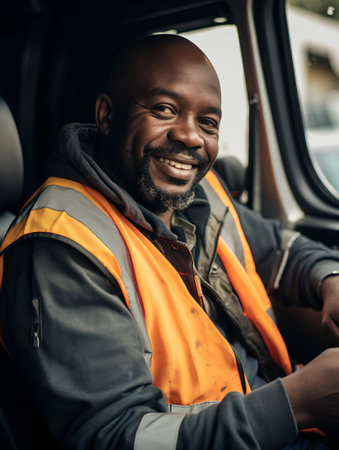 Portrait of a smiling african american auto mechanic sitting in a carの素材
