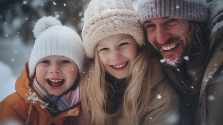 Portrait of happy family having fun in winter park. Mother, father and their little daughter having fun outdoors.の素材