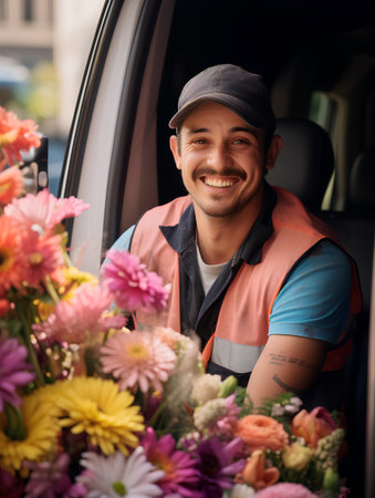 Portrait of a smiling delivery man sitting in a car delivering flowersの素材