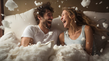 Young couple having fun in bed under falling snowflakes. Couple in loveの素材