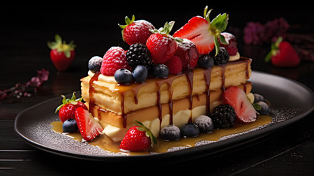 Pancake with fresh berries and maple syrup on a black backgroundの素材