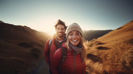 Couple hiking in the mountains at sunset. Man and woman on a hike.の素材