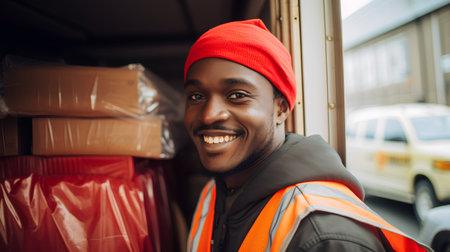Portrait of a smiling african american delivery man standing in front of the truckの素材