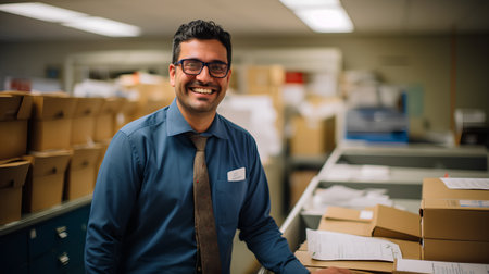 Portrait of smiling Caucasian male warehouse worker standing in front of boxesの素材