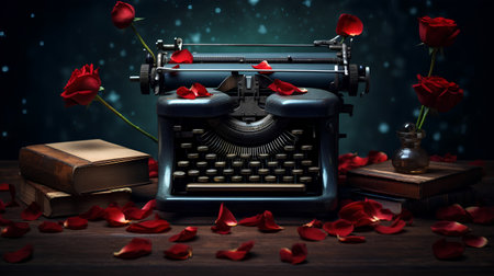 Vintage typewriter, books and red rose petals on wooden tableの素材