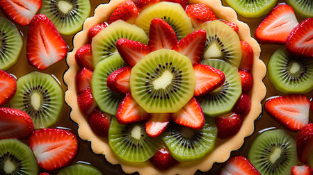 Fruit tart with strawberries, kiwi and strawberries, top viewの素材