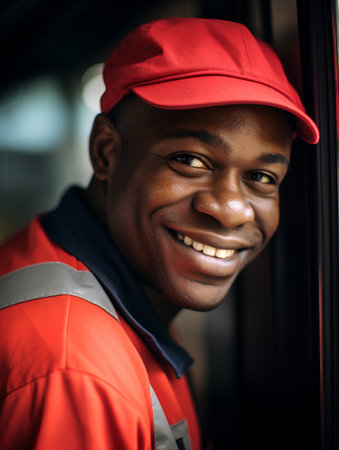 Portrait of a smiling african american delivery man in uniformの素材