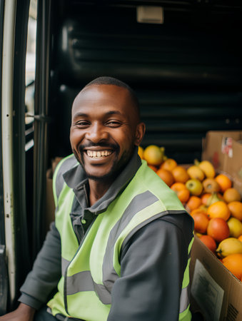 smiling african american delivery man in uniform sitting in van with fruitsの素材