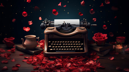 Vintage typewriter and red rose petals on wooden table.の素材