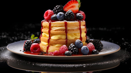 Crepe cake with berries on a black background. Selective focus.の素材