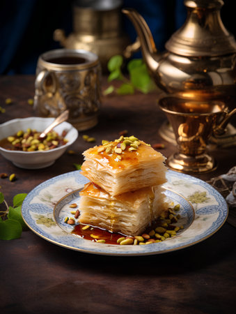 Traditional turkish dessert baklava with cashew, walnuts.の素材