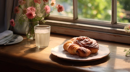 Cinnamon rolls on a plate and a glass of milk on the windowsillの素材