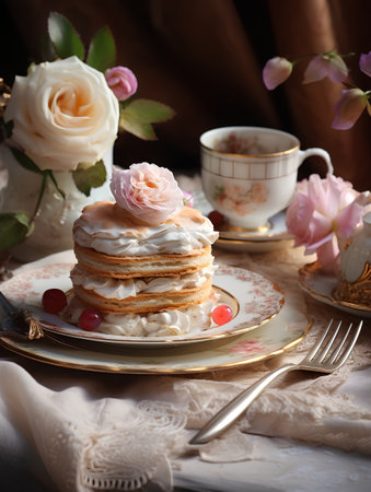 pancakes with whipped cream on a plate and a cup of coffeeの素材