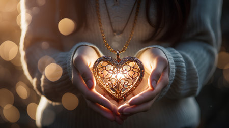 Female hands holding a heart-shaped pendant on bokeh backgroundの素材
