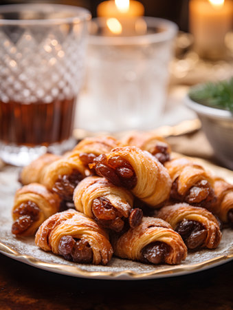Sweet croissants with raisins on a wooden background.の素材