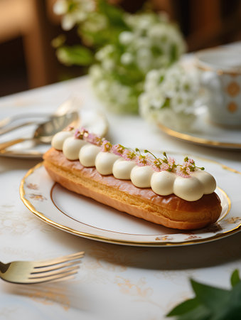 Eclairs with cream and flowers on a white plate. Selective focus.の素材