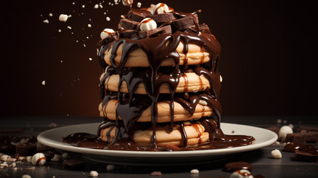 Chocolate pouring on stack of pancakes with marshmallow and chocolate syrupの素材