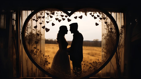 Silhouette of the bride and groom on the background of the window.の素材