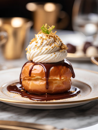 Eclairs with whipped cream and chocolate sauce on a white plateの素材