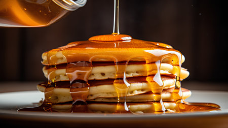 Pouring maple syrup on a stack of pancakes with maple syrup.の素材