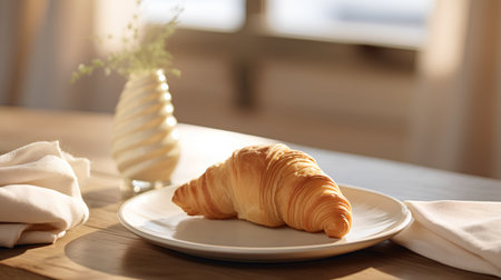 Croissant on white plate on wooden table in morning light.の素材