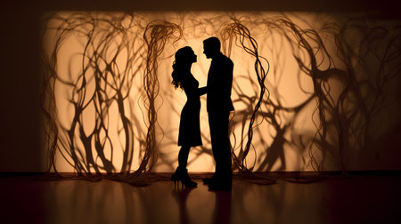 silhouette of a loving couple in the room with tree branchesの素材