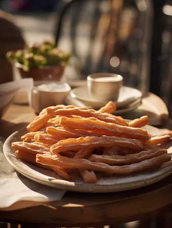 churros on a plate with a cup of coffee in the backgroundの素材