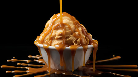 Delicious ice cream with caramel topping in white bowl on black backgroundの素材