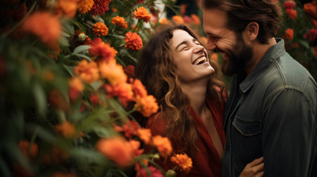 Happy couple in love kissing and hugging in the flower garden. Love and romance concept.の素材