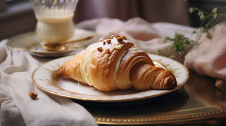 Croissant with nuts on a golden plate. Breakfast in bed.の素材