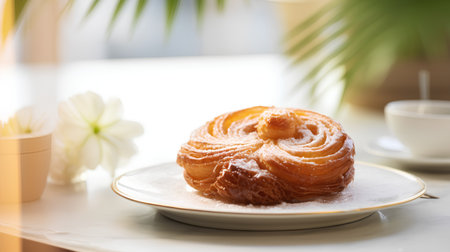 Freshly baked croissant on a white plate, selective focusの素材
