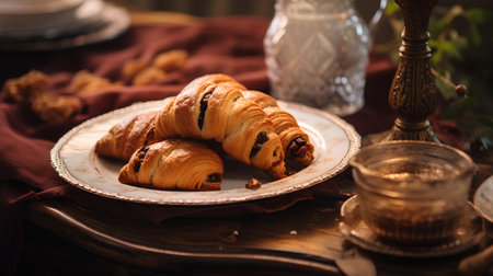 Croissants for breakfast on a wooden table. Selective focus.の素材