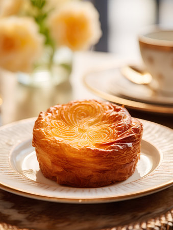 Traditional chinese moon cake on white plate with cup of tea.の素材