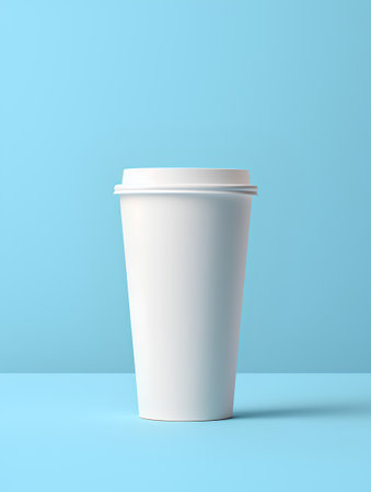 White paper coffee cup mockup on blue background. 3d renderingの素材