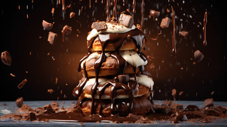 Chocolate pancakes with splashes and drops on a dark background.の素材