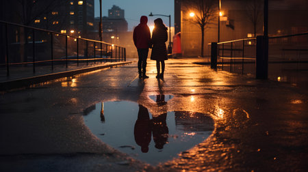 Silhouette of a loving couple standing in the rain in the city at nightの素材