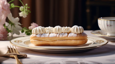 Eclairs with cream on a plate. Selective focus.の素材