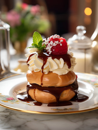 Delicious eclairs with raspberries, chocolate and creamの素材