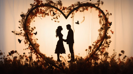 Silhouette of a loving couple on a background of the heartの素材