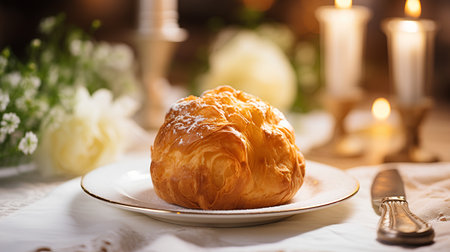 Croissant on a plate on a table with candles in the backgroundの素材