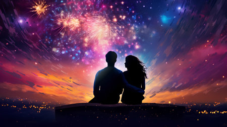 Silhouette of a loving couple in front of fireworks background.の素材