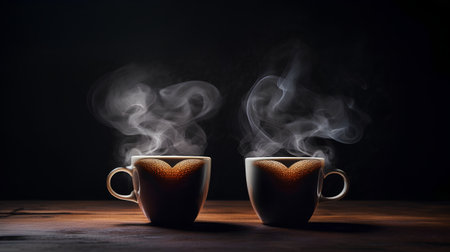 Two cups of coffee on wooden table and dark background with smoke.の素材