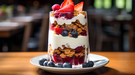 Greek yogurt with granola and fresh berries in glass on wooden tableの素材