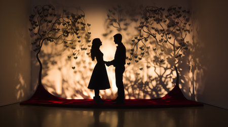 silhouette of a couple in the room with a red curtainの素材